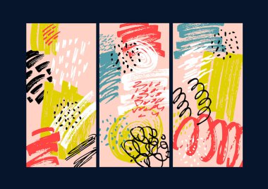 Elle çizilmiş parlak renkler sosyal medya hikayelerinin şablonlarını çiziyor. Soyut model. Mevsimlik satış afişi. Moda geçmişi. Doğum günü partisi ya da yıldönümü davetiyesi. Desen arkaplanı ayarlandı.