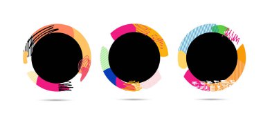 Parlak renkli soyut elementler. Poster, afiş, sosyal medya paylaşımı için şablon tasarımı. Renkli, renkli, parlak el çizimi, soyut arkaplan karalaması.