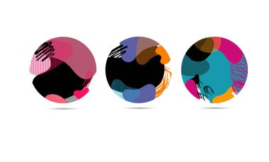 Parlak renkli soyut elementler. Poster, afiş, sosyal medya paylaşımı için şablon tasarımı. Renkli, renkli, parlak el çizimi, soyut arkaplan karalaması.