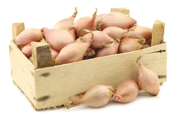 Frische holländische Schalotten in einem Holzkasten — Stockfoto