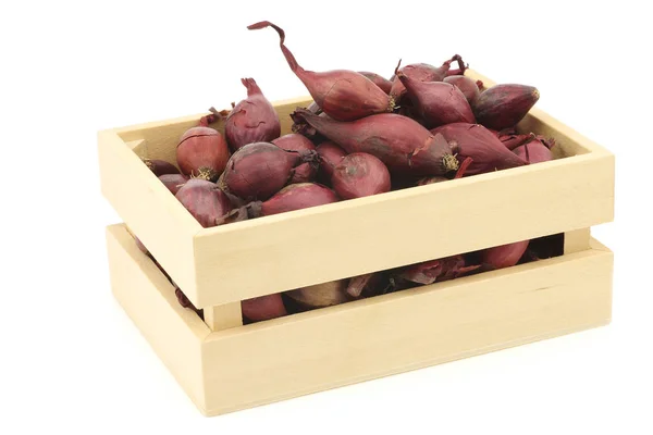 Cibule červená semena v dřevěné krabici — Stock fotografie