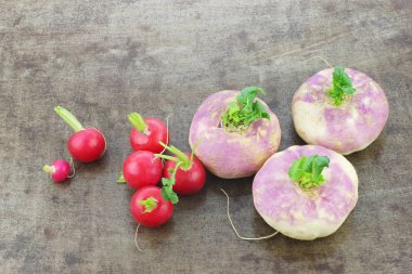 taze hasat bahar şalgam (Brassica rapa) ve bazı kırmızı turp 