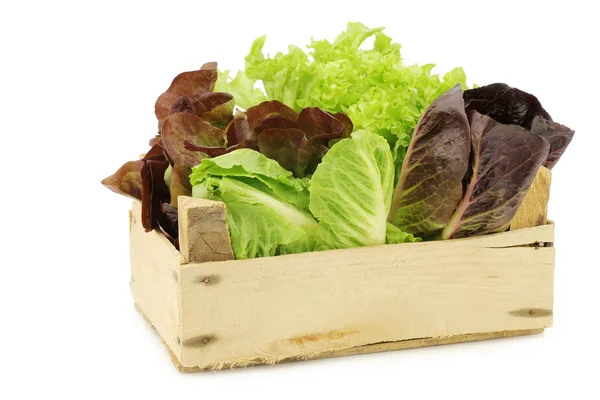 Friss romaine és a fából készült láda piros saláta — Stock Fotó