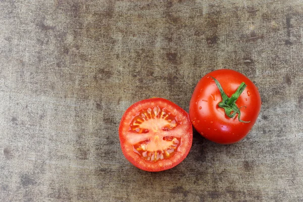 Fresh Tomato Cut One Grungy Metal Background — Stock Photo, Image