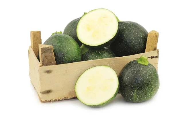 Green Zucchini Cucurbita Pepo Wooden Crate White Background — Stock Photo, Image