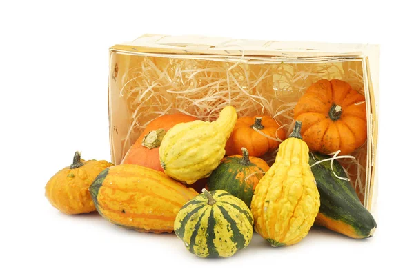 Colorful Decorative Pumpkins Straw Woven Basket White Background — Stock Photo, Image