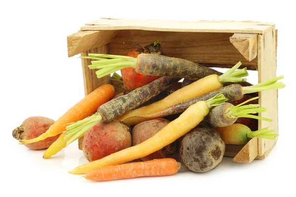 白色背景的木制板条箱中的各种根茎蔬菜 — 图库照片