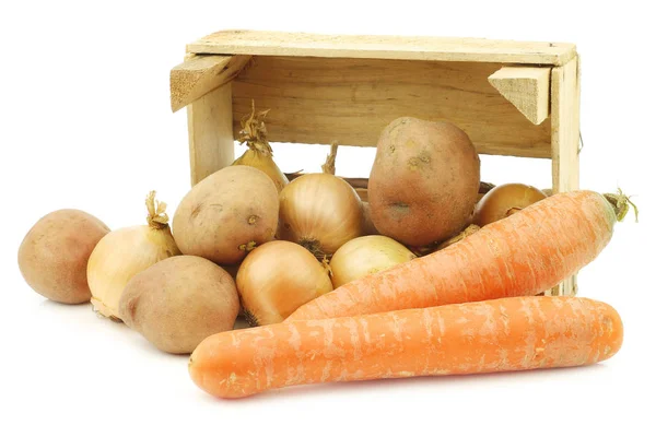 Mixed Root Vegetables Making Hutspot Wooden Crate White Background — Stock Photo, Image