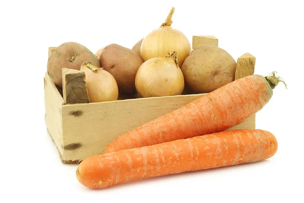 Mixed Root Vegetables Making Hutspot Wooden Crate White Background — Stock Photo, Image