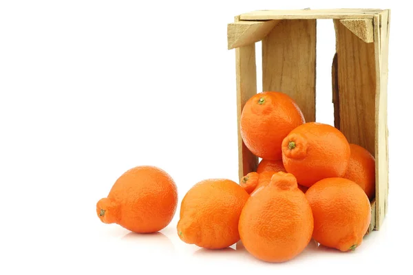 Fresh Colorful Minneola Tangelo Fruit Wooden Crate White Background — Stock Photo, Image