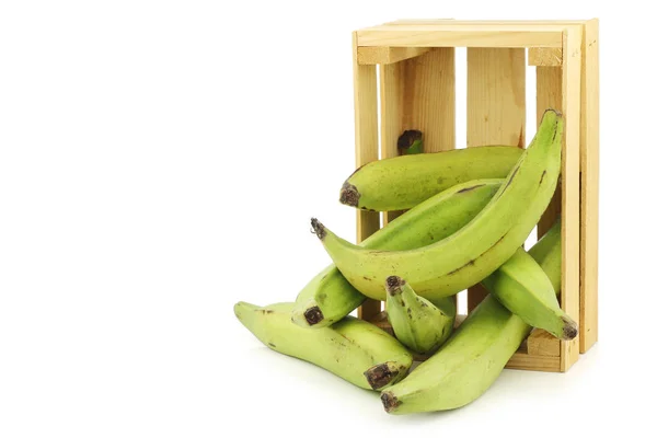 Unripe Baking Bananas Plantain Bananas Wooden Crate White Background — Stock Photo, Image