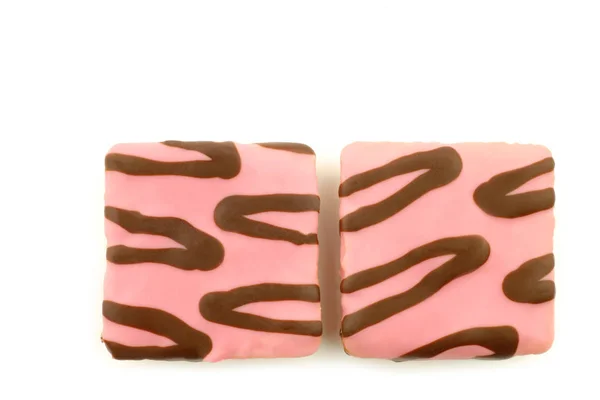 Vers Gebakken Vierkante Roze Geglazuurde Taarten Met Chocolade Dressing Een — Stockfoto