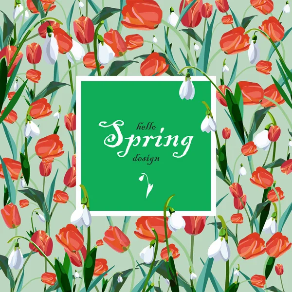 Tulipanes rojos de primavera y lirios blancos del valle sobre un fondo verde pálido — Vector de stock