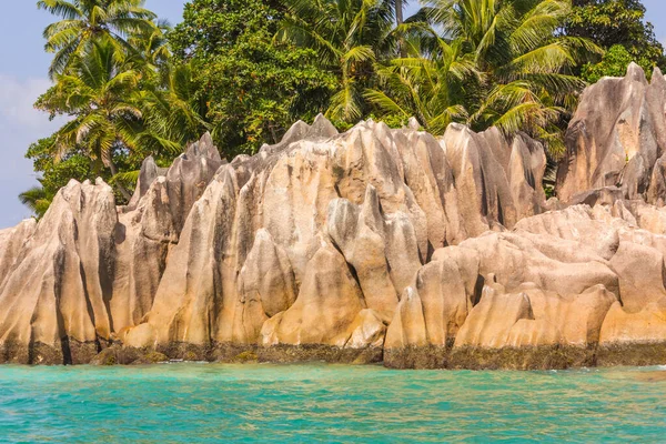 Vacker strand med stor klippa och träd — Stockfoto