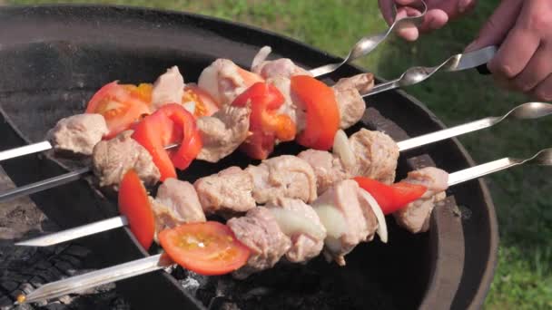 Close-up van mannelijke handen draai de spiesen van vlees met groenten — Stockvideo