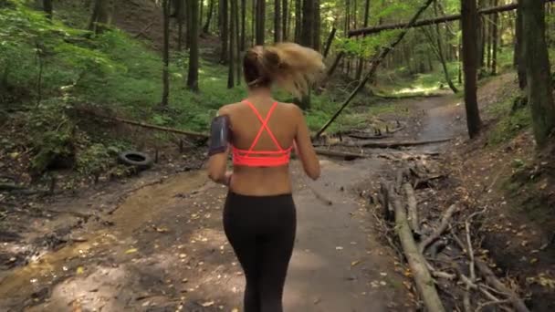 Mujer atlética con el pelo largo corriendo en una pista forestal, Deportes y Recreación — Vídeos de Stock
