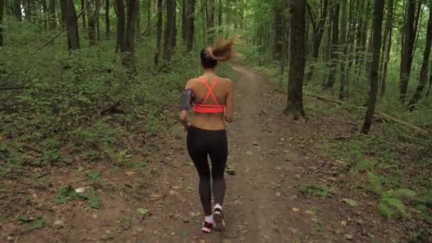 Sportieve vrouw met hoofdtelefoon waarop een bos Track, sport en recreatie — Stockvideo