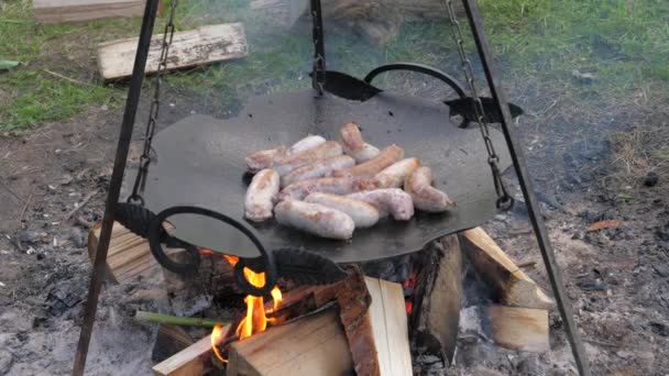 Вкусные сосиски жарятся в сковороде над огнем, барбекю — стоковое видео