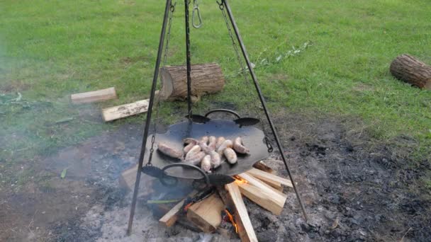 Leckere saftige Würstchen braten in einer Bratpfanne über Feuer, Grill — Stockvideo