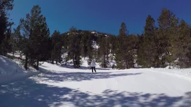 スキーヤーは、太陽の下で山の雪に覆われた道をロールします。. — ストック動画