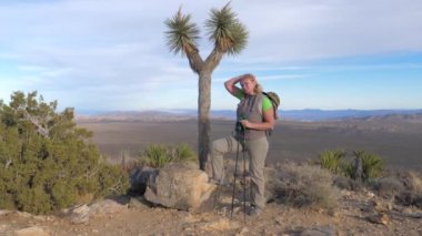 Kadın turistik dinlenme, Joshua Tree yanında duran bir ayağını taşa koy
