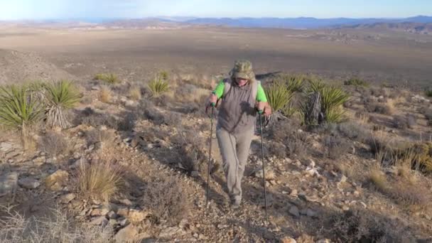 Donna sale sulla collina lungo il sentiero nel deserto del Mojave, vista frontale — Video Stock