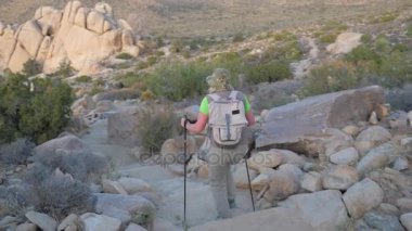 Kadın Hiker Mojave çölünde, geri iz boyunca tepeden aşağı görünümü geliyor