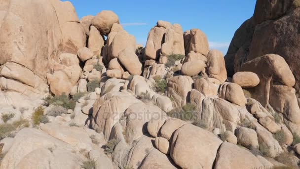 Panorama od dołu do góry, duże skały w Joshua Tree National Park, Stany Zjednoczone Ameryki — Wideo stockowe