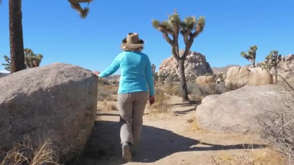 모하비 사막, 선인장, 여호수아 나무와 돌 사이에서 여성 하이킹 — 비디오