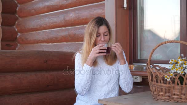 Mulher morena sentada em uma mesa bebendo chá, na varanda de uma casa de madeira — Vídeo de Stock