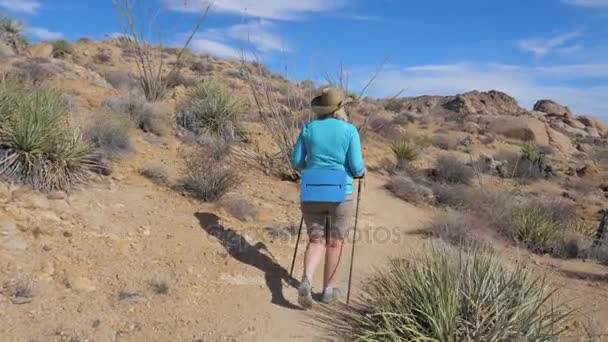 Mulher madura ativa, andando pelo caminho no deserto de Mojave, vista traseira 4K — Vídeo de Stock