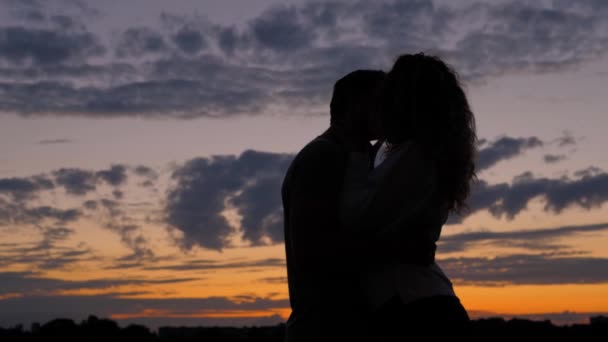 Романтична пара силует. Чоловік з жінкою разом коханці цілуються на заході сонця — стокове відео