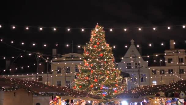 Tallinn, Estonsko Prosinec 25,2017: Holiday jarmark s vánoční strom rozsvítí — Stock video