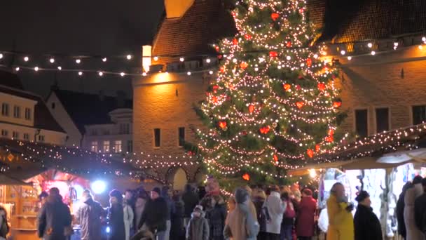 Tallinn, Estonsko Prosinec 25,2017: Holiday jarmark s vánoční strom rozsvítí — Stock video