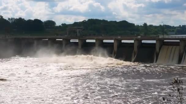 Large Wide Dam With Which Goes Stormy Water Draining — Stock Video
