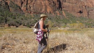 Arka plan kayalar Zion parkta yürüyüş Trekking ile aktif kadın sopa