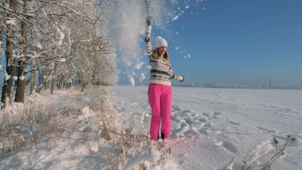 Грайлива молода жінка в сонячний день взимку, тягне дерево гілка і падає сніг . — стокове відео