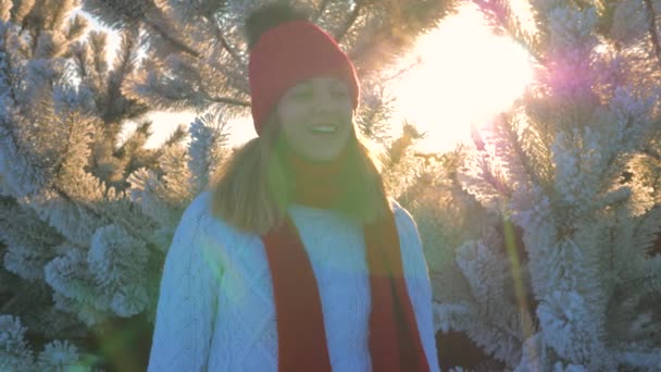 Mujer en suéter en la calle en invierno mirando el atardecer y la boca exhala vapor — Vídeos de Stock