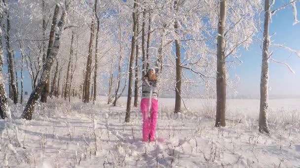 Mulher desfrutando de neve de inverno ao ar livre jogando neve e de pé sob queda de neve — Vídeo de Stock