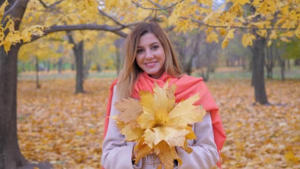 Schattige dame In Beige jas en oranje sjaal bedrijf boeket Geel Autumn Leaves 4k — Stockvideo