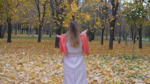 Serious Lady en un abrigo beige y bufanda naranja lanza de otoño hojas amarillas 4K — Vídeos de Stock