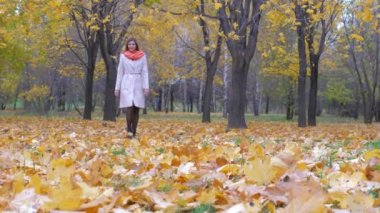 Bayan bej bir palto ve turuncu eşarp sarı yapraklar 4 k sonbahar halıda yürüme