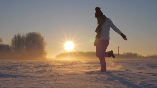 夕暮れ時の冬のフィールドで女性を蹴った雪の雪の結晶と霜のきらびやかな — ストック動画