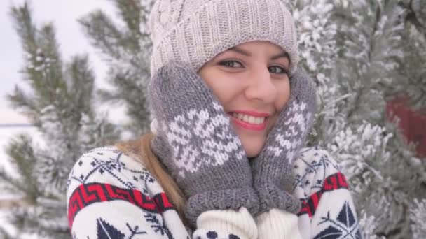 Retrato alegre mujer divirtiéndose en invierno en día nevado, cámara lenta 4K — Vídeos de Stock