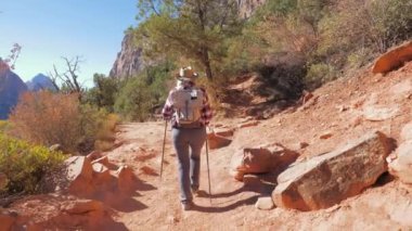 Kırmızı dağlar aktif kadın'da yürüyüş patika Zion Park ağır çekimde 4 k yürür.