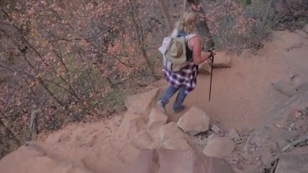 Aktivní žena turistika dolů strmé stezce přes obrovské skály v horách Zion parku — Stock video