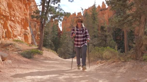 Mulher caminhando pelo caminho em incrível lindo Bryce Canyon com montanhas arenosas — Vídeo de Stock