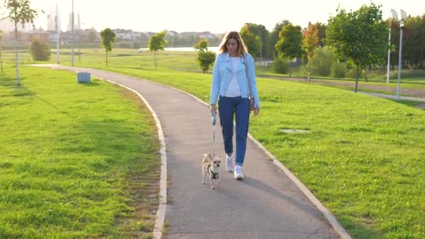 Femme caucasienne marche dehors avec son petit chien au coucher du soleil dans un parc vert — Video