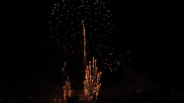 Salute colorée spectaculaire de beauté dorée dans le ciel nocturne pendant les vacances 4K — Video