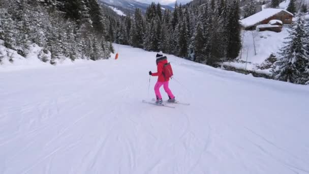 Kvinna skidåkare gå ner på Ski Route mot bergssluttningarna bland tallskogen — Stockvideo